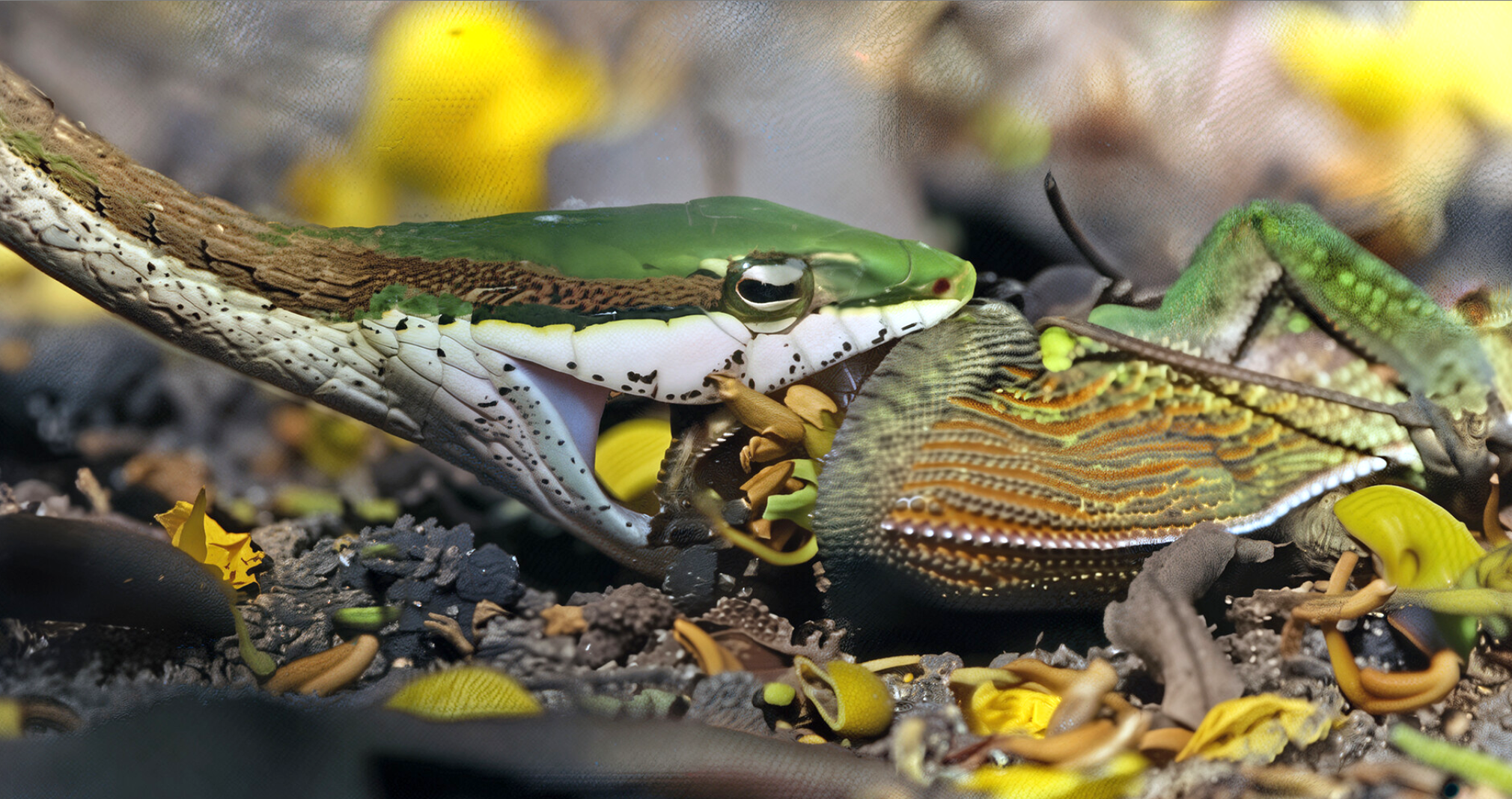 Eastern vine snake consuming a flap-necked chameleon at Ngazi Camp in the Zambezi Delta, Mozambique