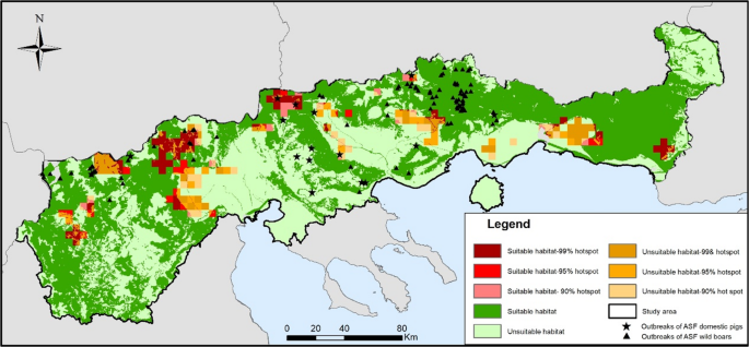 Kart over Nord-Hellas med egnet villsvinhabitat, klynger av svinebruk og utbrudd av afrikansk svinepest