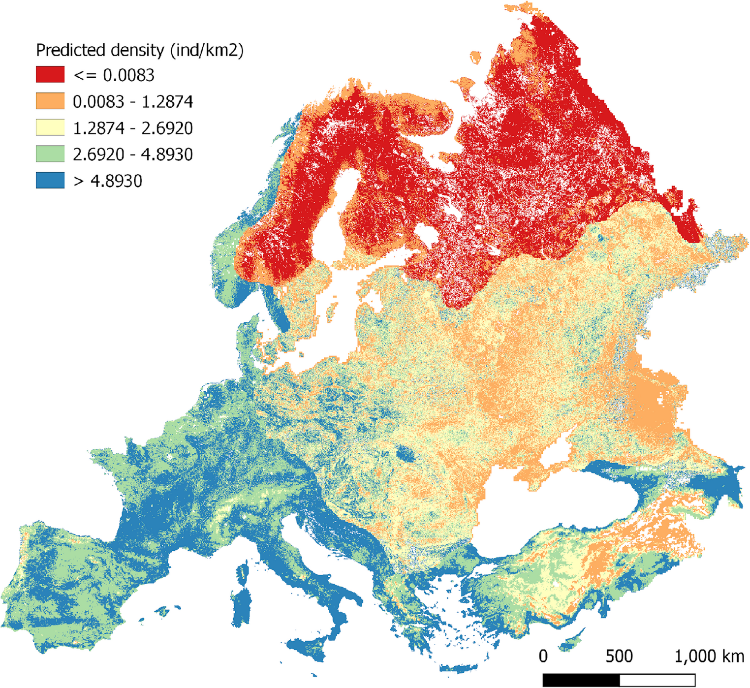 Map of Europe showing predicted wild boar density before African swine fever detection