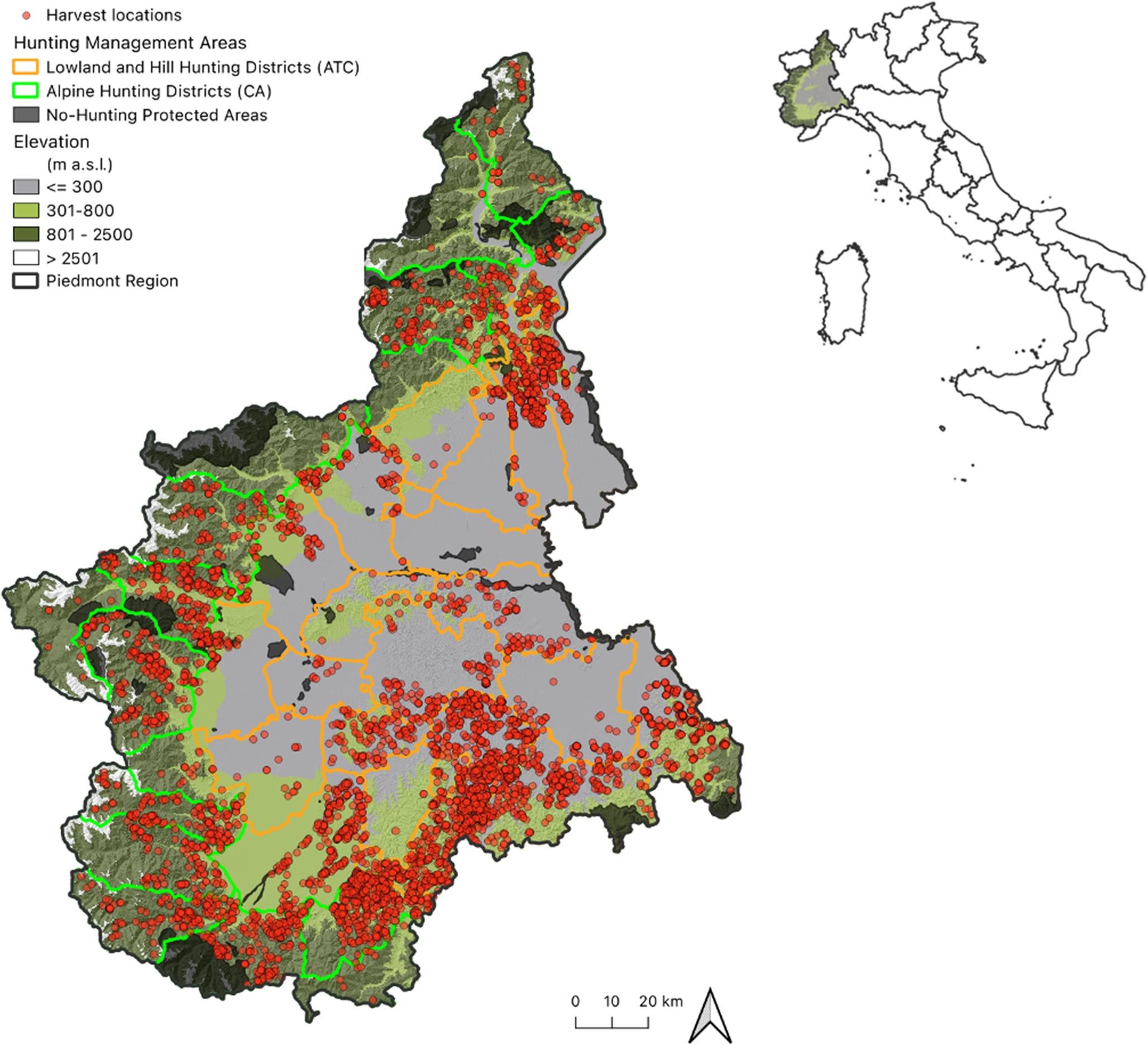 Map of Piedmont showing roe deer harvest locations, hunting districts, protected areas and elevation