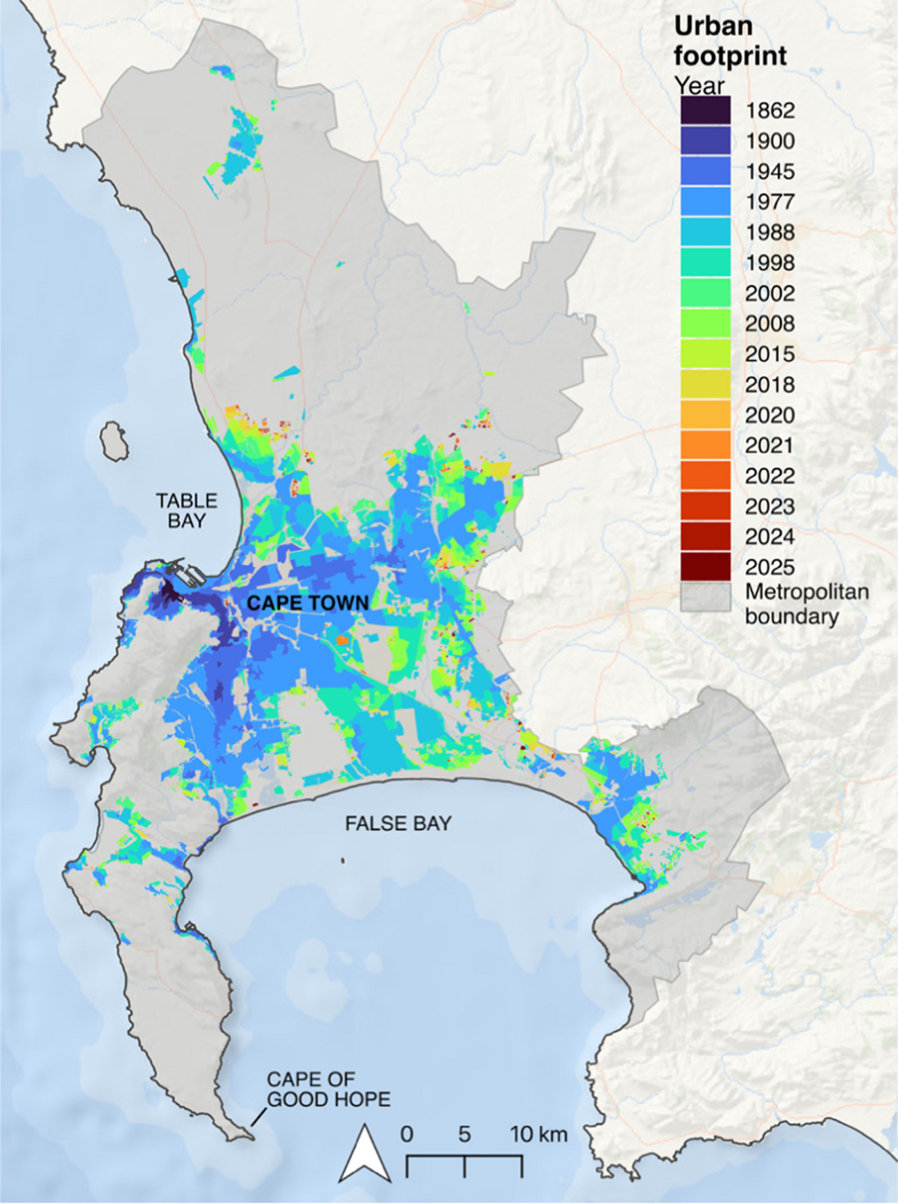Kart som viser veksten i Cape Towns urbane fotavtrykk siden 1862 og den gradvise isolasjonen av Kapphalvøya