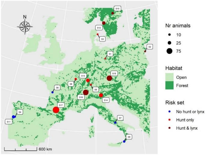 Map of 17 European roe deer study sites with open and forest habitat and hunting and lynx risk sets
