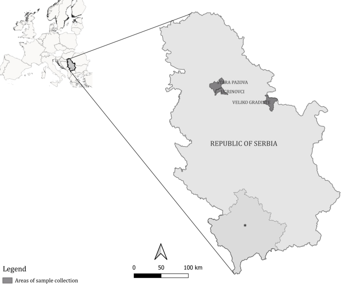 Map of Europe and Serbia showing the three wild carnivore sampling areas in Serbia