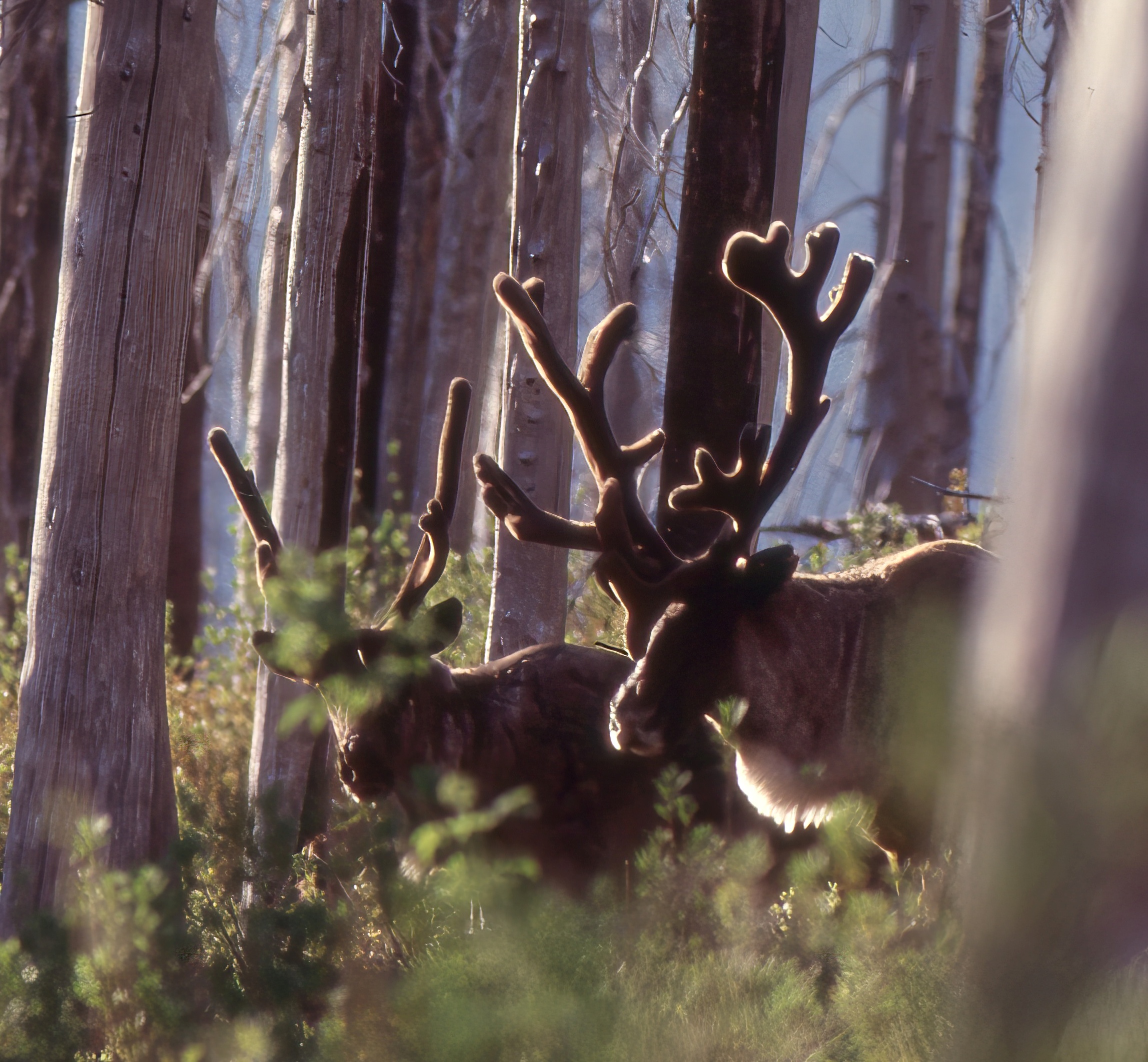 Two southern mountain caribou standing in a forest in the Selkirk Range