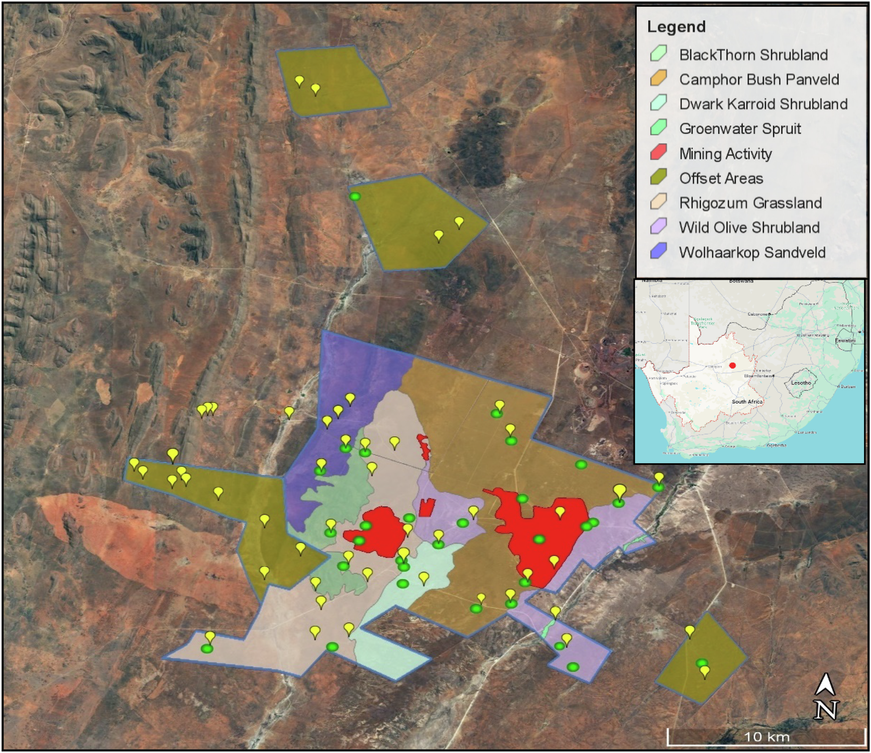 Map of the Northern Cape study area showing vegetation units, camera-trap stations, vegetation plots and active mining areas