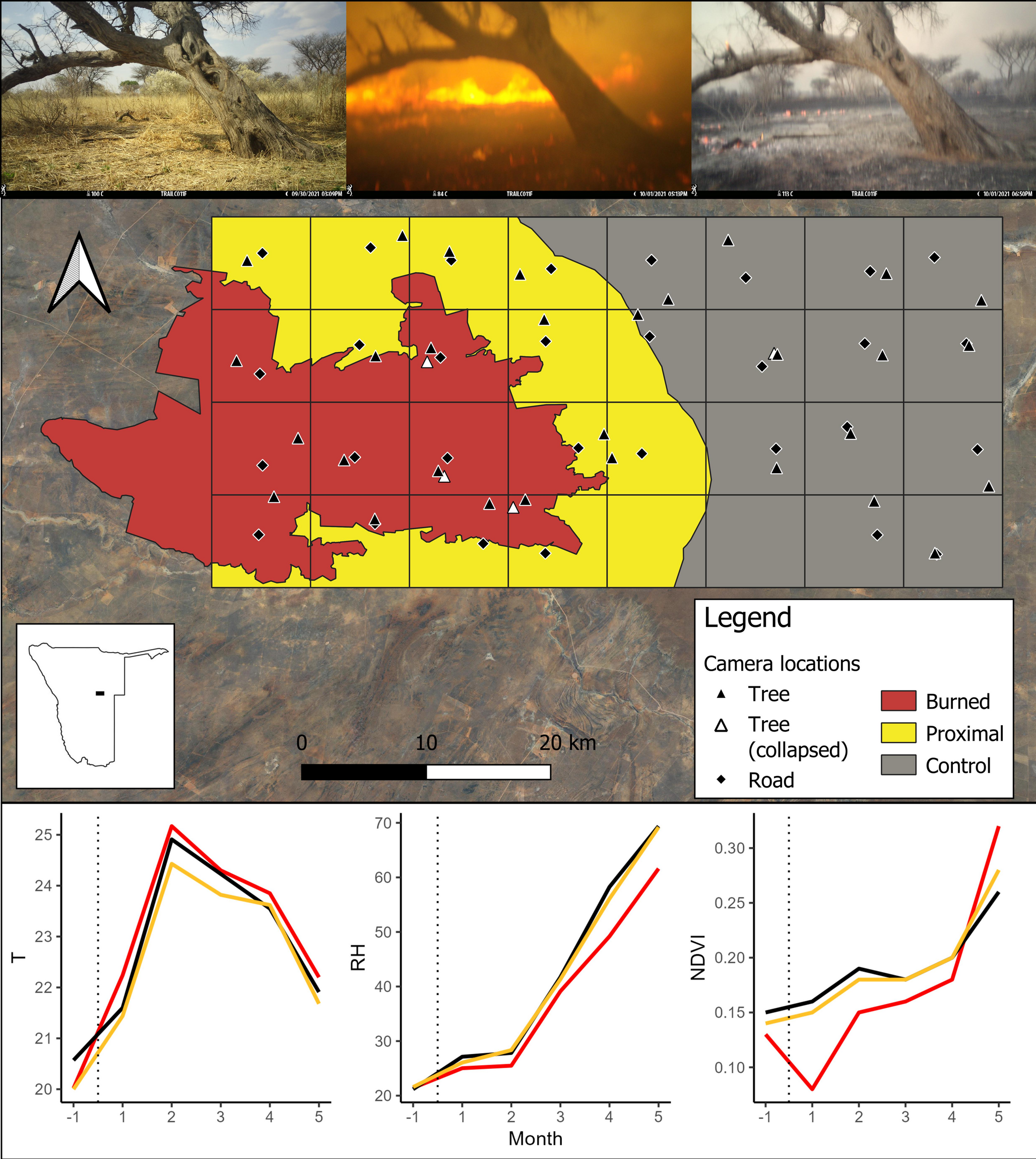 Studieområde, kamerafellebilder og miljøforhold etter naturbrannen i østlige Namibia