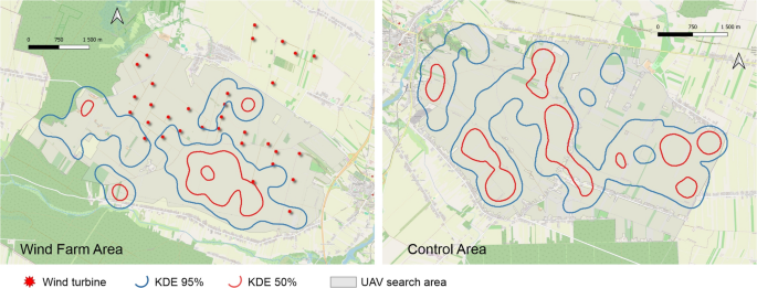 Maps of roe deer core distribution areas in the Polish wind farm and control landscape