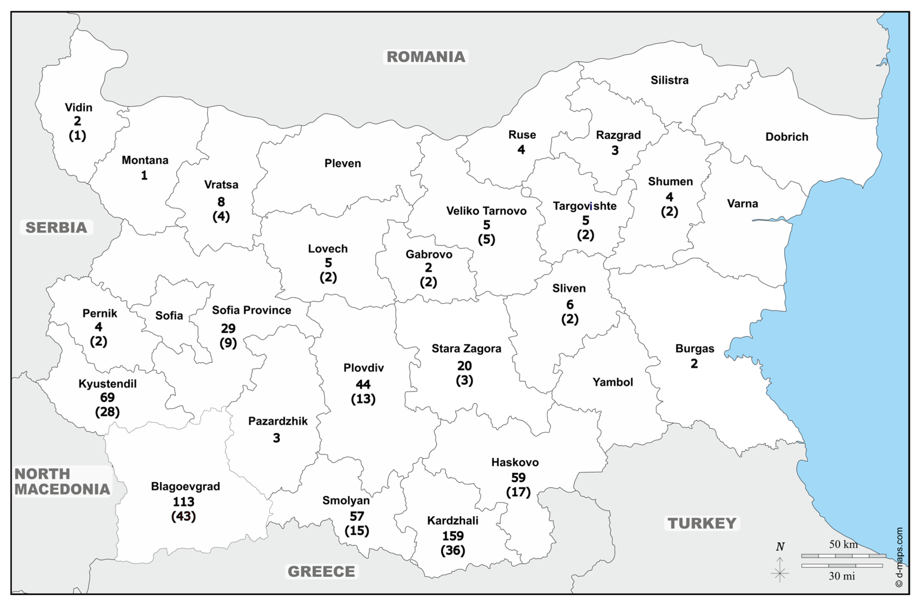 Map of Trichinella-positive wild boar carcasses across regions of Bulgaria, 2020 to 2025
