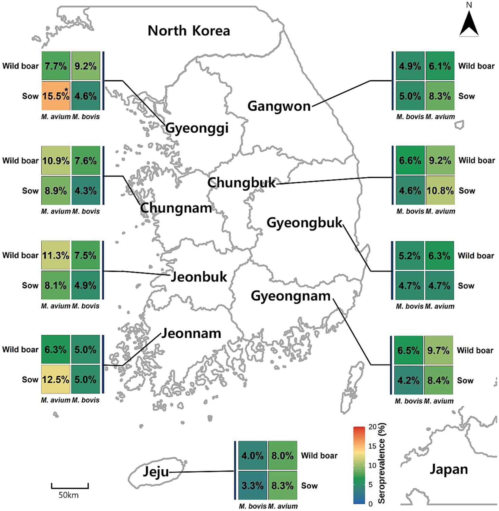 Map of South Korea showing provincial Mycobacterium bovis and Mycobacterium avium seroprevalence in wild boars and domestic sows