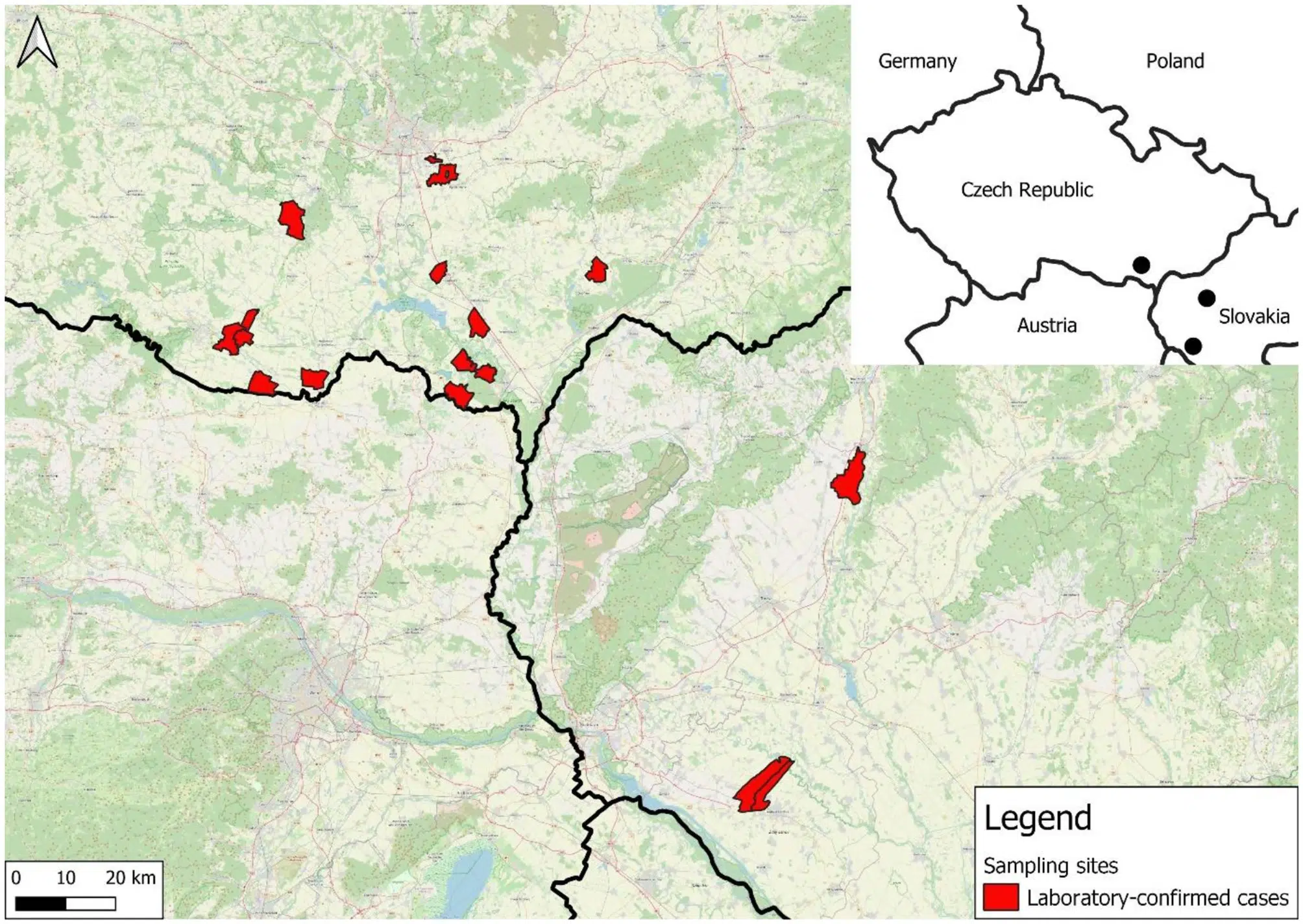 Kart over laboratoriebekreftede tilfeller av rekombinant myxomavirus i Tsjekkia og Slovakia