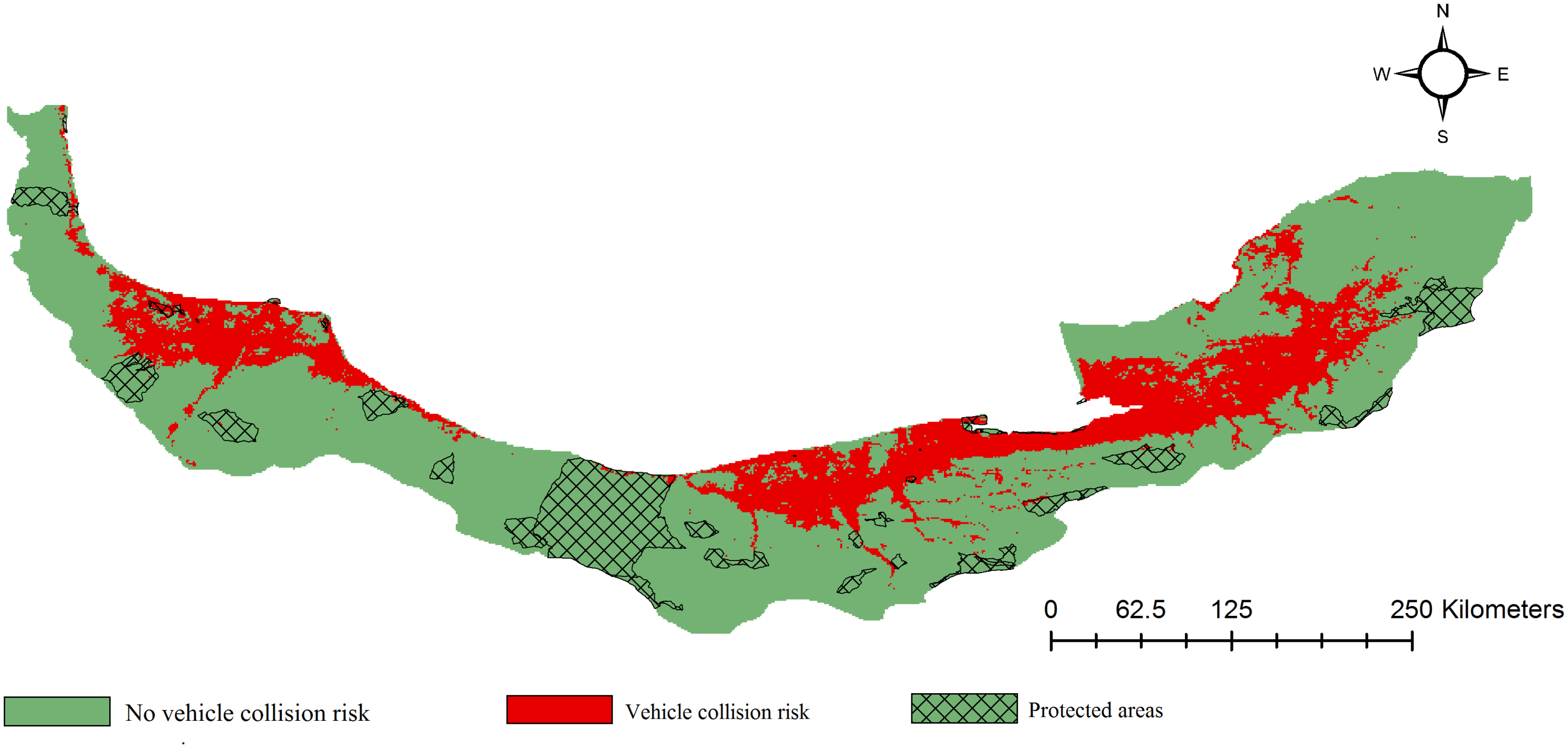 Map of jungle cat vehicle collision risk in northern Iran in relation to protected areas