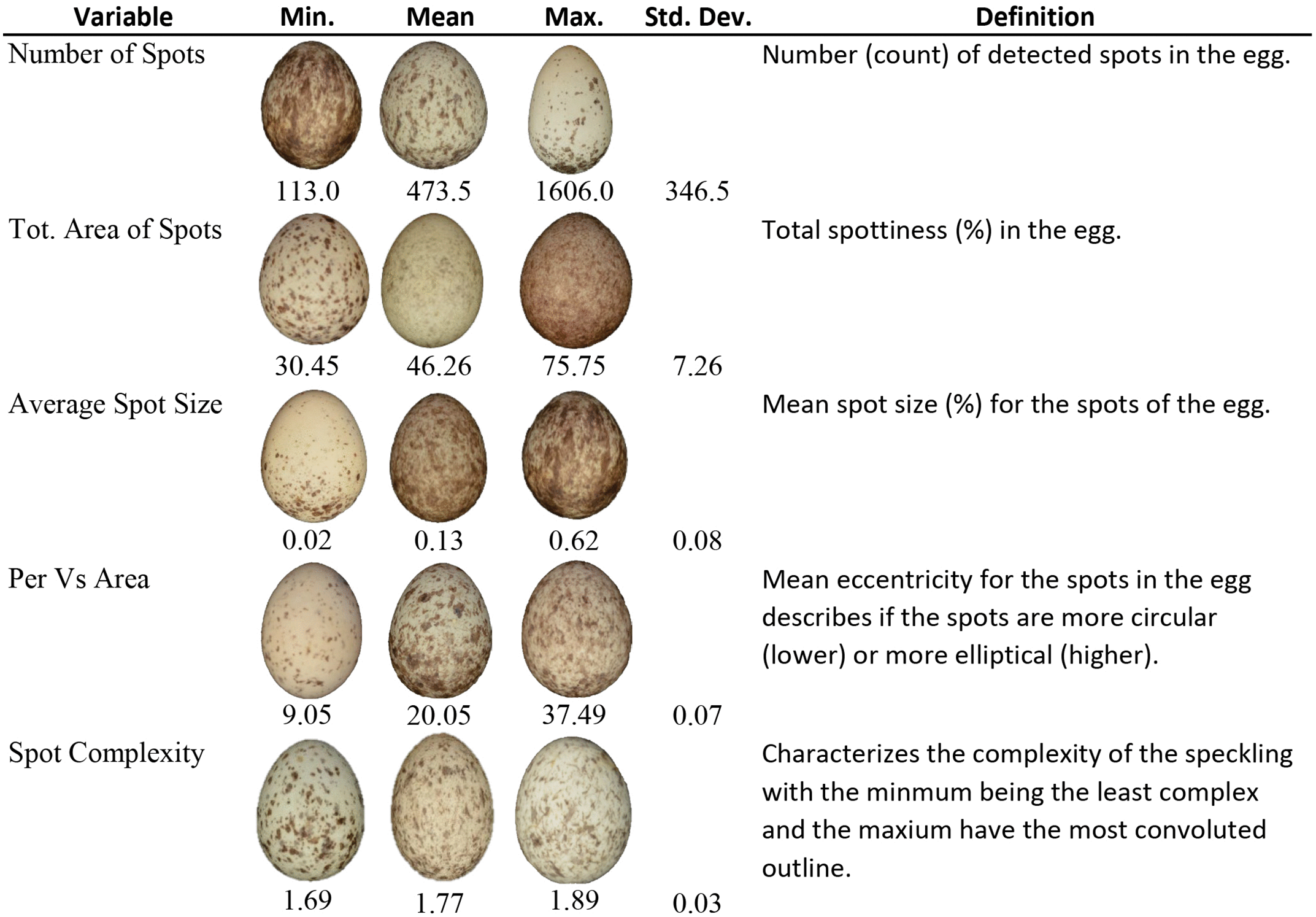 House sparrow eggs illustrating minimum, mean and maximum speckling measurements in the SpotEgg analysis