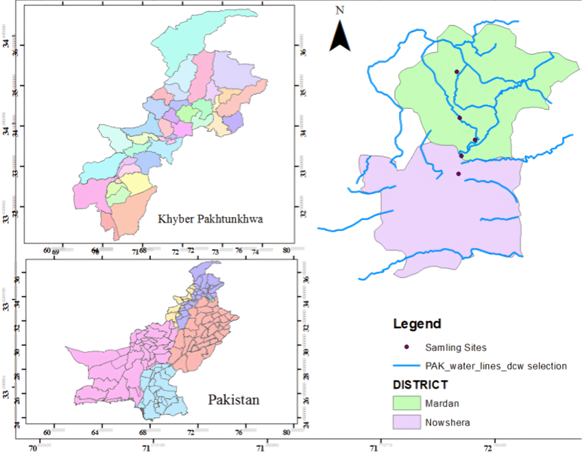 Kart over prøvetakingslokaliteter langs Kalpani-elven i Khyber Pakhtunkhwa, Pakistan