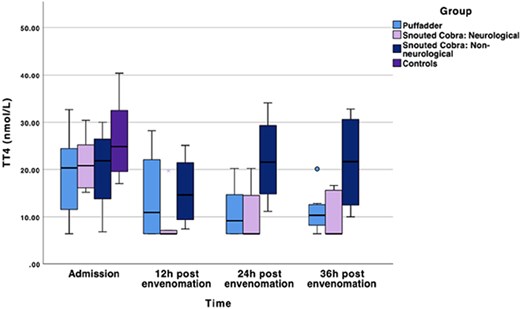 Total thyroxine concentrations in dogs after puff adder and snouted cobra envenomation over 36 hours