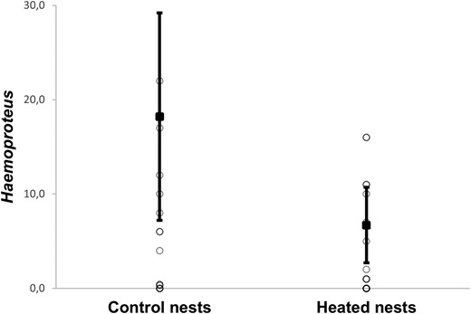 Haemoproteus infection intensity in female Eurasian blue tits in control and heated nest boxes