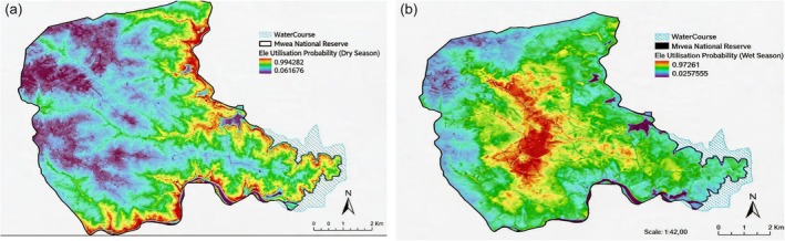 Predicted elephant habitat use in the dry season (a) and wet season (b). Warmer colours indicate higher predicted use; each panel has its own scale.