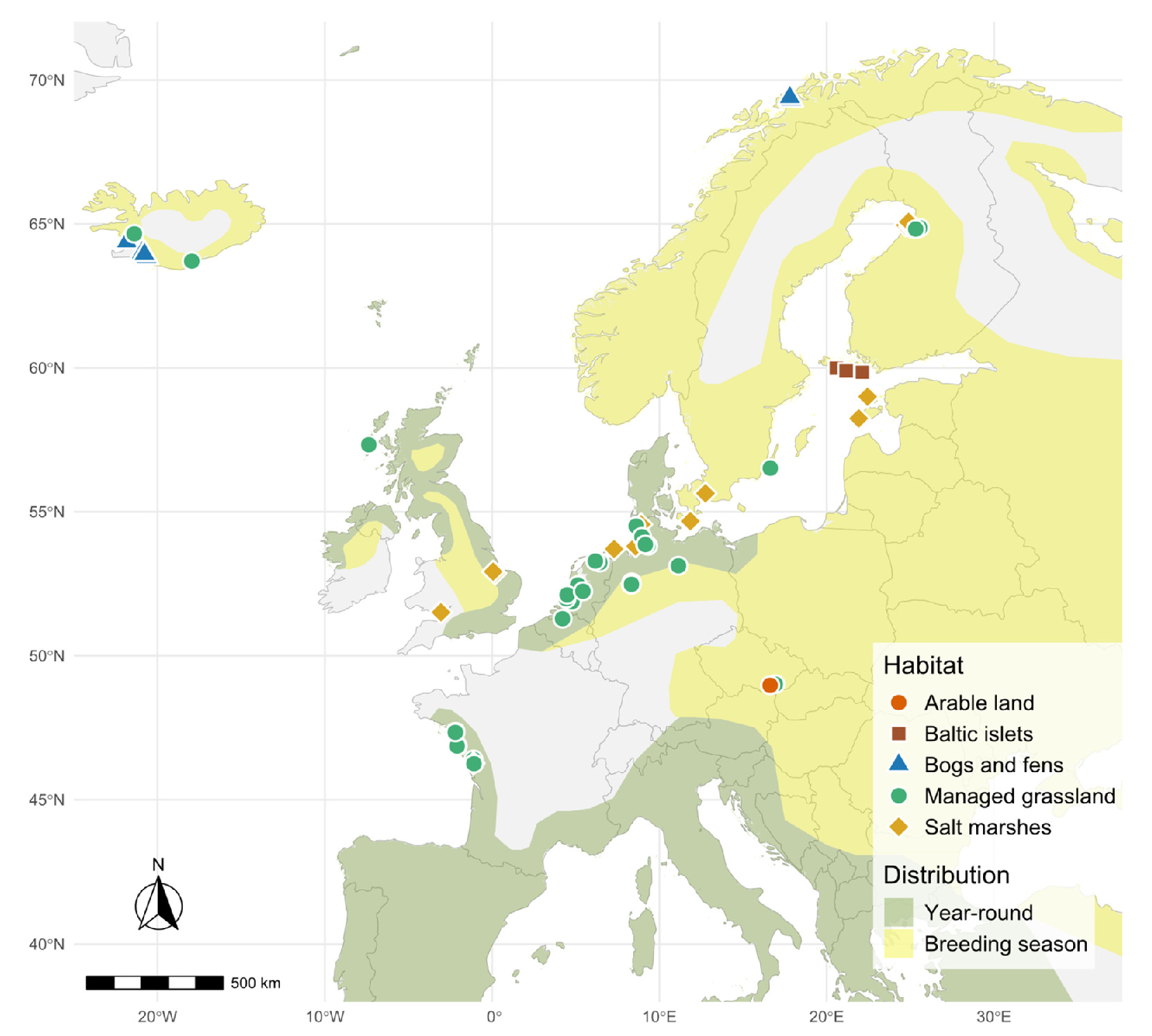 Map of common redshank nest positions and habitat types across European breeding sites
