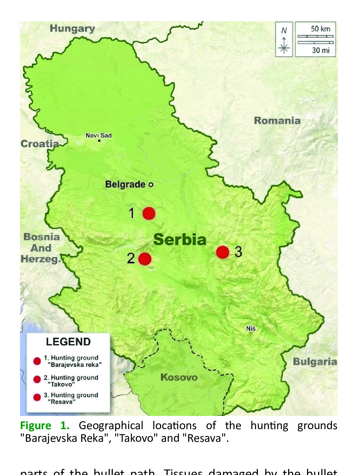 Map showing the three European roe deer sampling areas in central Serbia