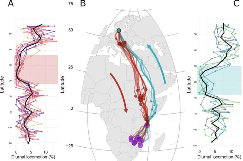 Thrush Nightingale migration routes and daytime locomotion across ecological barriers
