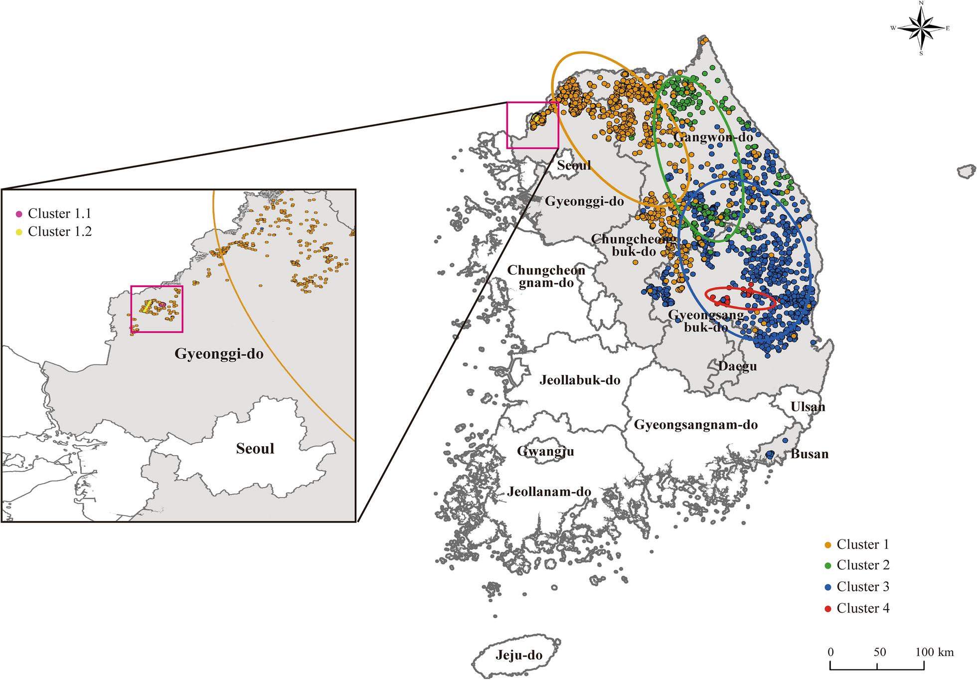 Map of South Korea showing six African swine fever virus genetic clusters detected in wild boar