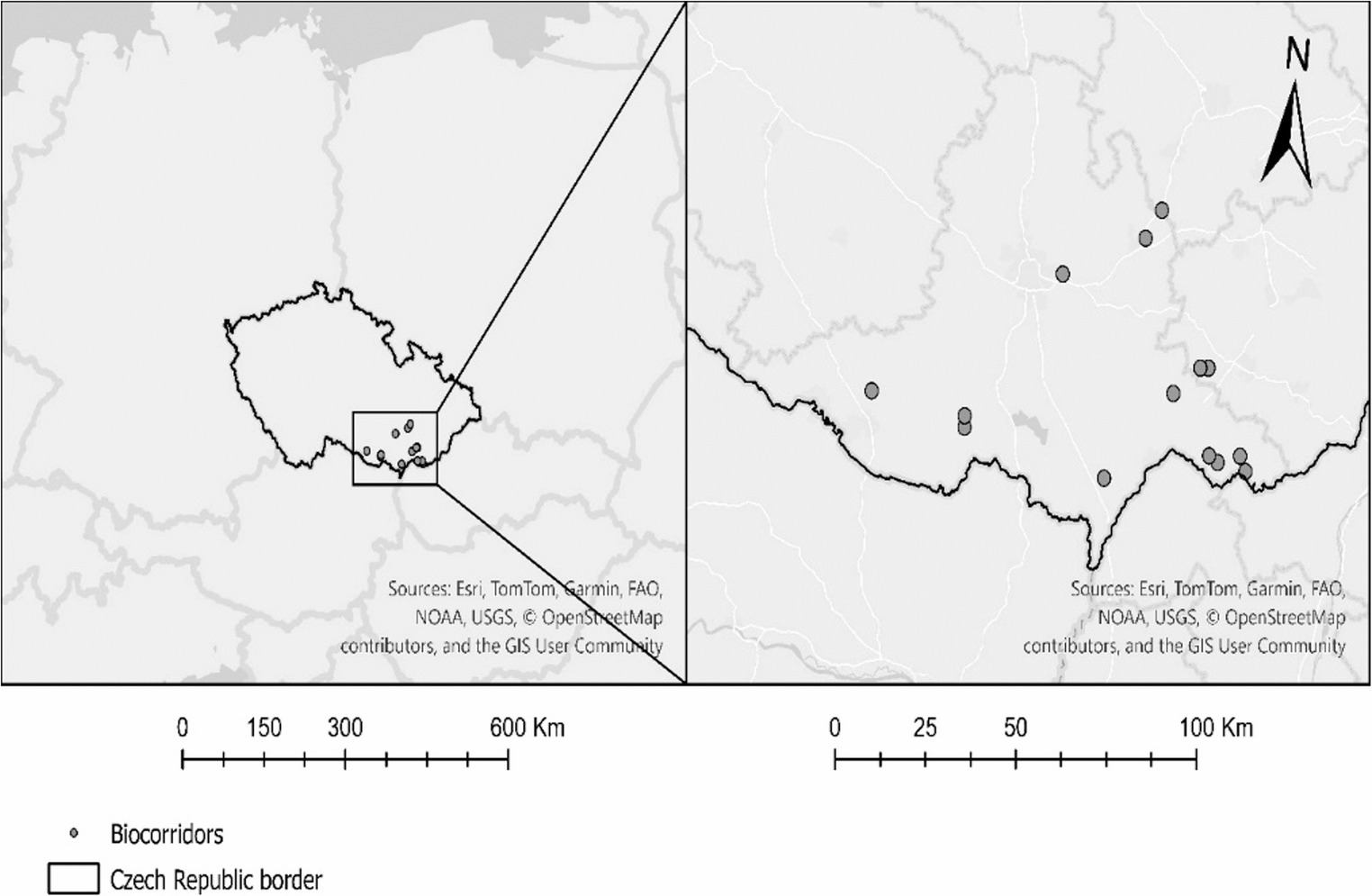 Map of woody biocorridors monitored in South Moravia