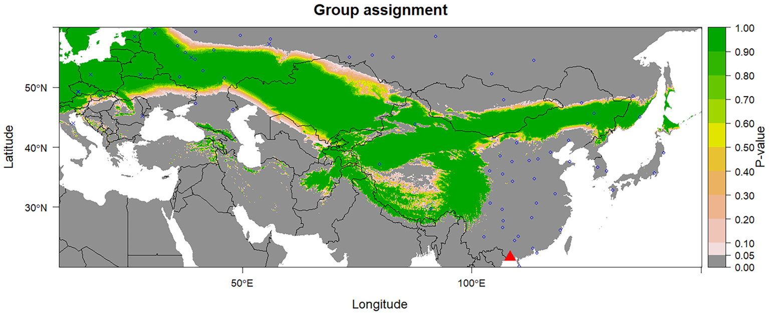 Possible breeding origins inferred from claw isotopes. Colours show relative likelihood; the red triangle marks the collection site.