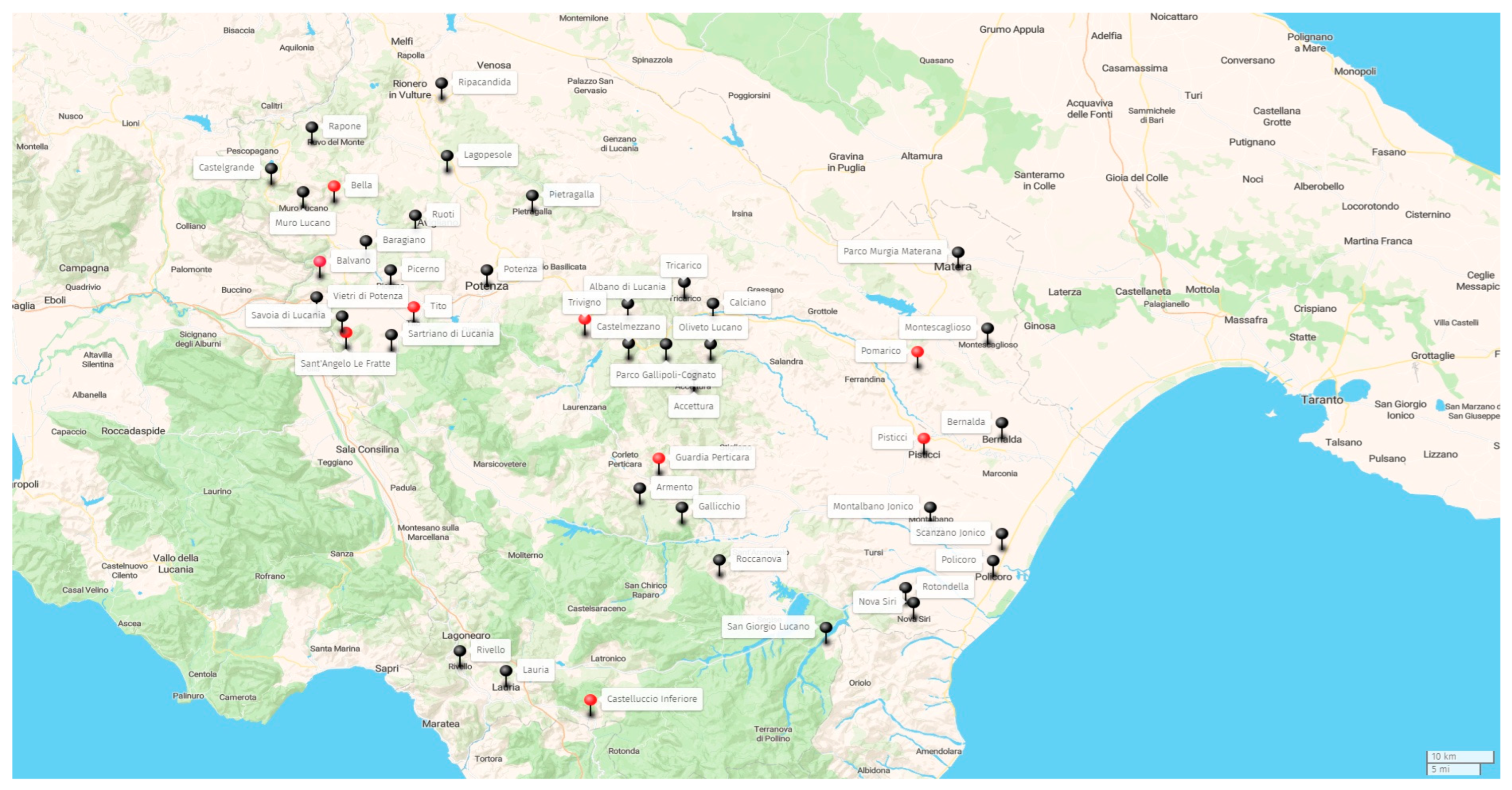 Map of Basilicata showing PHEV-positive and negative wild boar sampling sites