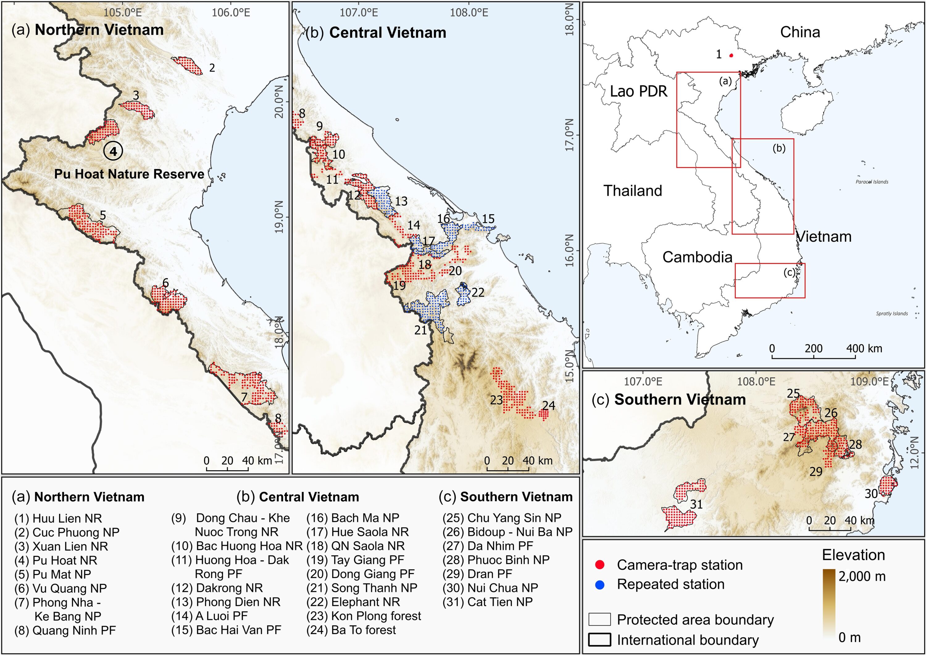 Camera-trap survey sites across Vietnam, including Pu Hoat Nature Reserve